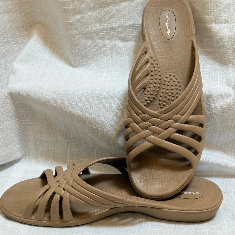 Okabashi Maui Slide Sandals Size L 9.5-10.5 Tan Brown Cross Strap Comfort USA‎